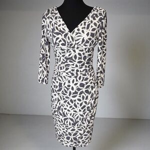 LAUREN RALPH LAUREN CREAM GRAY PRINT RUCHED SHEATH DRESS SIZE 4